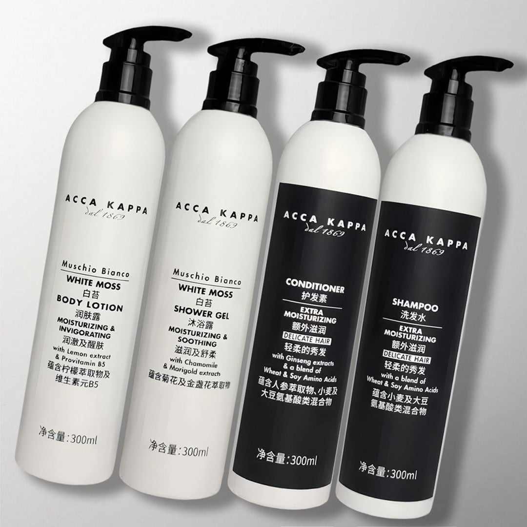 four bottles of ACCA KAPPA hotel toiletries.